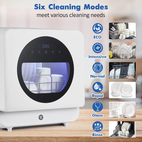 No Sweat Countertop Portable Dishwasher Featuring Faucet Hookup And Self Prime Pump six auto cycles with a digital display.