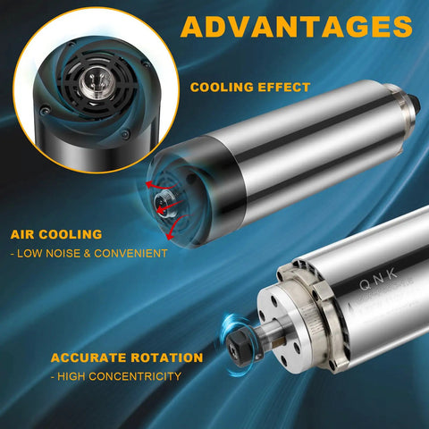 Air Cooled CNC Spindle Motor 1.5KW 110V 24000RPM With ER11 Collet 65mm Shaft with cooling and rotation details