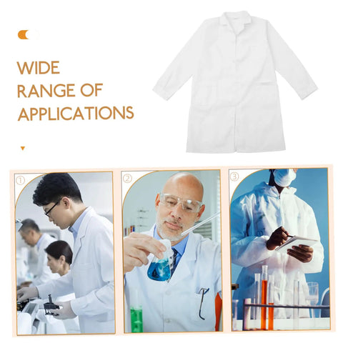 Men's White Lab Coat Long Sleeve Scrub Jacket for Medical Students and Docs, Classic Laboratory Coat displayed above various lab settings.