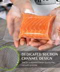 Hands holding vacuum-sealed salmon using Heavy Duty Commercial Vacuum Sealer Bags Rolls 11 By 20 Inch Three Rolls And 8 By 20 Inch Three Rolls BPA Free Food Saver For Sous Vide Storage Puncture Prevention And Long Term Freshness