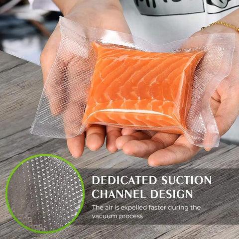Hands holding vacuum-sealed salmon using Heavy Duty Commercial Vacuum Sealer Bags Rolls 11 By 20 Inch Three Rolls And 8 By 20 Inch Three Rolls BPA Free Food Saver For Sous Vide Storage Puncture Prevention And Long Term Freshness