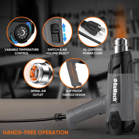 Heavy Duty 1500W Heat Gun Workhorse with Variable Temperature Control and Nozzles for crafts and DIY projects