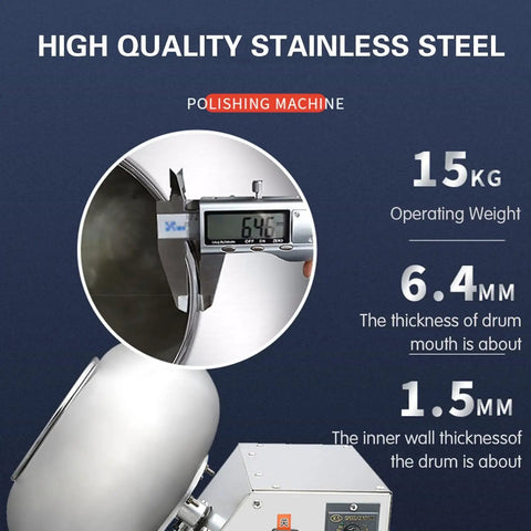 Hella Effective Candy Coating Machine And Chocolate Polisher With Slick Adjustable Speed showing stainless steel drum thickness and operating weight.