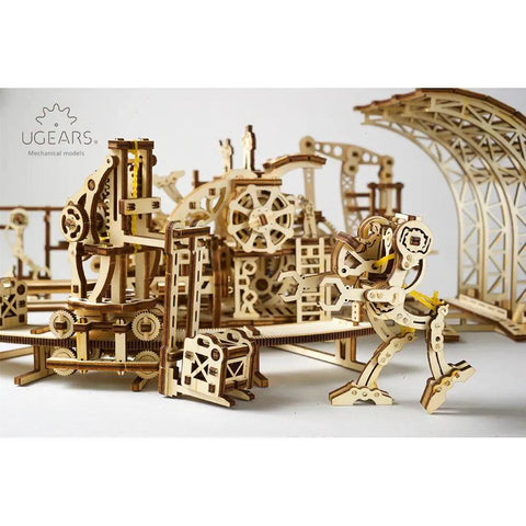 Mechanical Robot Factory 3D Wooden Puzzle Kit From STEAM Line Toys, Fully Functional Steampunk Factory Model With Gears And Moving Parts, Build A Hands On Robotic Workshop For Kids And Adults, Dope Educational Craft. wooden steampunk robot factory model with gears, crane, and worker figures
