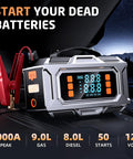 Badass 8000A Jump Starter With Portable Car Battery Rescue And 180 PSI Auto Shutoff Tire Inflator, showing 8000A peak, dual displays.