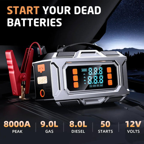 Badass 8000A Jump Starter With Portable Car Battery Rescue And 180 PSI Auto Shutoff Tire Inflator, showing 8000A peak, dual displays.