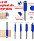 Set of four tungsten steel router bits with blue coating, shown with labeled features for quick cutting and smooth edge finishing.