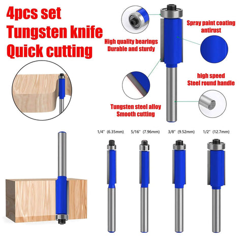 Set of four tungsten steel router bits with blue coating, shown with labeled features for quick cutting and smooth edge finishing.