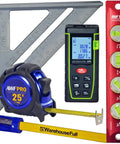 Hella Precise Laser Distance Measuring Kit With Slick Carry Case For Jobsite Tasks. Includes tape, level, and laser meter.