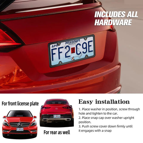 Stainless Steel License Plate Frames 2 Pack With Screws For Front And Rear Universal Tag Frames No Cover State Name Narrow Border Design Fits All Standard US Plates shown on red car.