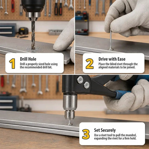 Top Shelf Aluminum Blind Pop Rivets Heavy Duty Fastener Pack Delivers Knockout Hold For Car Panels Garage Mods And Fence Repairs With 3/16 Inch Diameter And 1/8 Inch Grip Range Inside A Handy 100 Piece Tin Perfect For Any DIY Hustle Ready To Go, showing installation steps.