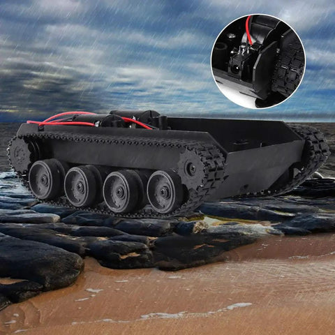 Lightweight shock absorbing plastic tank chassis with 130 motor, 3V-7V power range, for DIY robot projects, side view on rocks.
