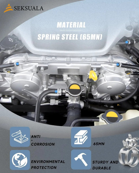 Engine with spring steel components, highlighting durability and corrosion resistance, includes 120 Piece Spring Band Hose Clamps Set 6mm to 25mm
