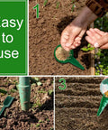 Upgraded Mini Seed Dispenser Set in use, showing handheld manual syringe seeder sower for precise planting in garden soil.