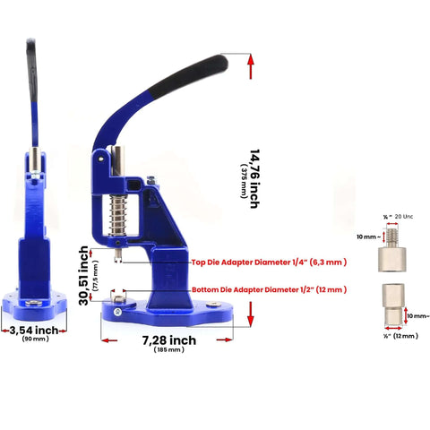 Pro Grade All In One Hand Press Fastener Kit with setting dies, blue press tool, measurements shown for leather craft, fabric DIY projects