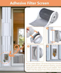Portable AC Window Vent Kit with Adjustable 26 to 47 Inch Fit Universal Five Point One Inch and Five Point Nine Inch Coupler Weather Stripping Seals No Hassle Install for Most Portable Air Conditioners and Windows showing adhesive filter screen installation in a window with close-ups of adhesive backing and installation steps.
