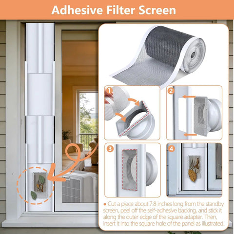 Portable AC Window Vent Kit with Adjustable 26 to 47 Inch Fit Universal Five Point One Inch and Five Point Nine Inch Coupler Weather Stripping Seals No Hassle Install for Most Portable Air Conditioners and Windows showing adhesive filter screen installation in a window with close-ups of adhesive backing and installation steps.