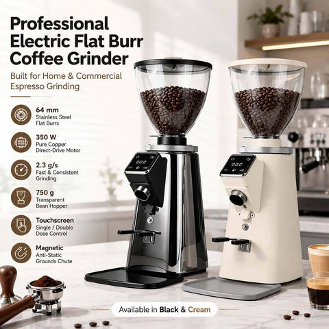 Professional Commercial Coffee Grinder With Programmable Dosage Control And A Massive Seven Hundred Fifty Gram Hopper for home and cafe use.
