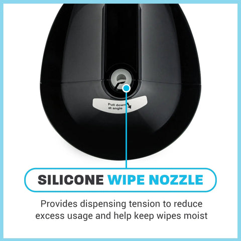 Close-up of nozzle on Wall Mounted Gym Wipe Dispenser With No-Touch Sanitizing Wipes, silicone nozzle detail shown.