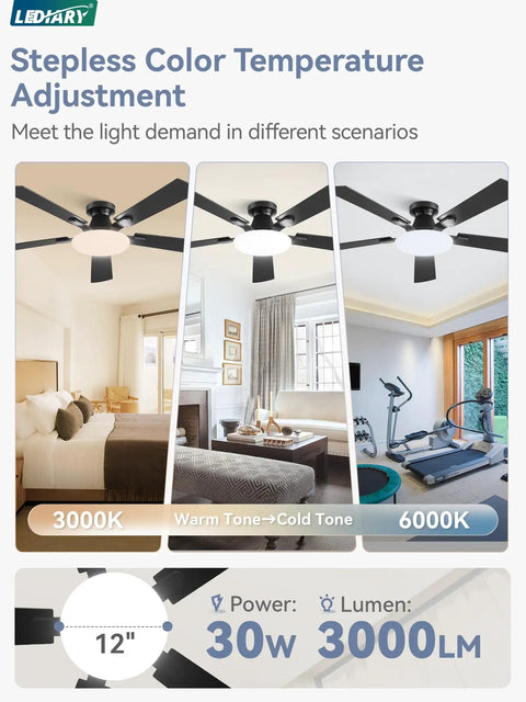 52 Inch Ceiling Fan With Lights And Remote 30W LED Panel Flush Mount Modern Low Profile Ceiling Fan Quiet 6 Speed DC Motor