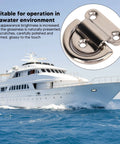 Close-up of marine-grade stainless steel folding pad eye D-rings, 4 sets, boat deck hardware with fold-lock mechanism