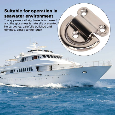 Close-up of marine-grade stainless steel folding pad eye D-rings, 4 sets, boat deck hardware with fold-lock mechanism