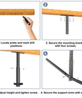 Installation steps for Ceiling Kayak Storage Rack showing drill positions, bracket attachment, height adjustment, and arm securing.