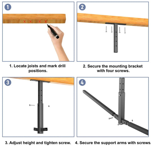 Installation steps for Ceiling Kayak Storage Rack showing drill positions, bracket attachment, height adjustment, and arm securing.