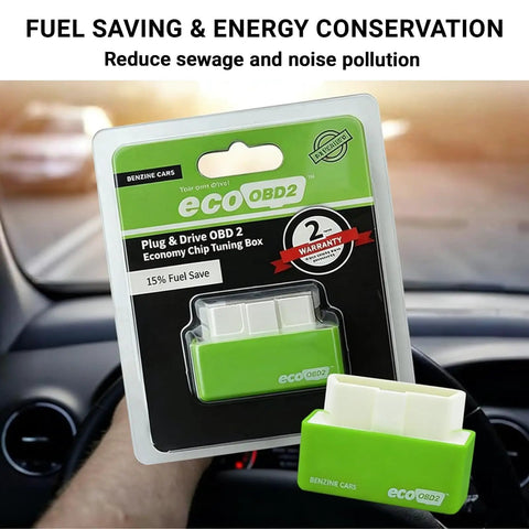 Plug And Play OBD2 Gas Saving Tuning Box For Cars Boost Power Up To 35 Percent And Torque 25 Percent While Slashing Gas Costs With Eco Energy Saver Universal Car Accessory in packaging on car dashboard