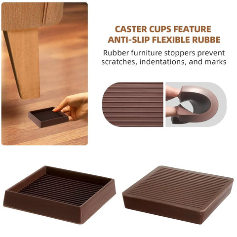 2x2 Square Rubber Furniture Caster Cups With Anti Slip Floor Grip Set Of 8 close-up, showing anti-slip texture and cup detail