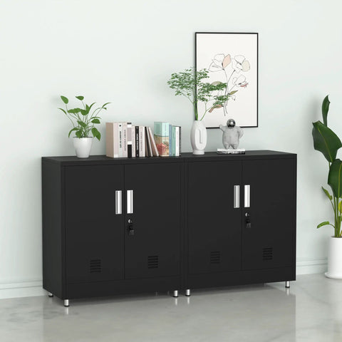 Locking Metal Storage Cabinet With Adjustable Shelves, Compact Lockable Sideboard For Home Or Office, Black, shown in modern decor