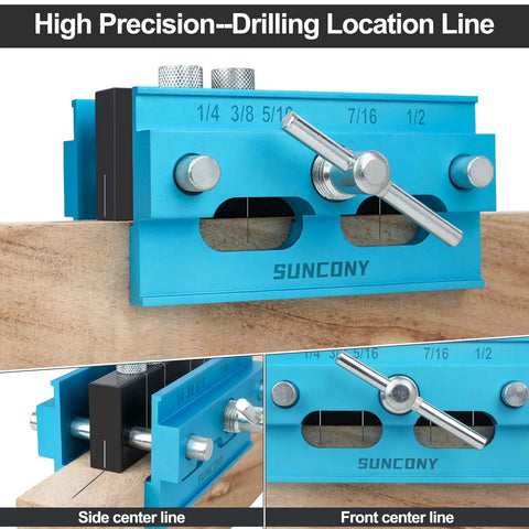 Doweling Jig Self Centering Kit With 6 Bushings For Precise Biscuit Joinery Adjustable Width Drilling Guide For Straight Holes Woodworking Dowel Jig Tool In Blue showing side and front view.