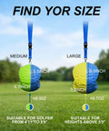 Golf Swing Training Ball With Lanyard size guide for Medium and Large balls on grass background