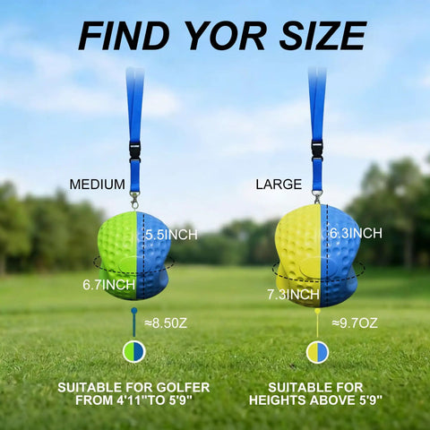 Golf Swing Training Ball With Lanyard size guide for Medium and Large balls on grass background