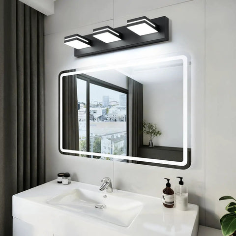 Three Light 24 Inch Matte Black LED Vanity Light With Frosted Acrylic Shades, Cool White 6000K For Bathroom Mirror