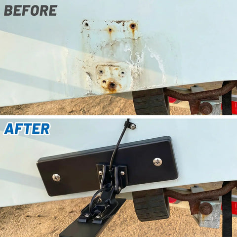 Before and after transom mount: Dope Transducer Mounting Plate With Screws For Boats UV Resistant Marine Grade Transom Pad For Fish Finder And Sonar White HDPE Board 12 Inch By 3.5 Inch By 0.75 Inch Heavy Duty Boat Hardware Kit With Easy Install.