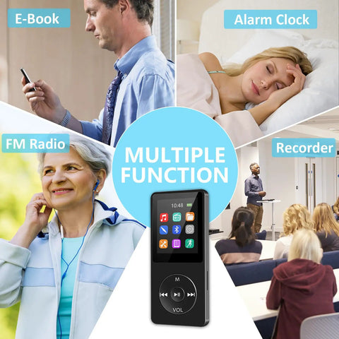 64GB MP3 Player With Bluetooth Portable HiFi Lossless Music Player With Built In Speaker displayed with multiple functions
