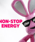Energizer Bunny character wearing sunglasses promoting non-stop energy with a playful pose and vibrant pink color.