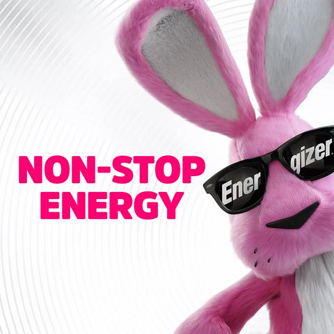 Energizer Bunny character wearing sunglasses promoting non-stop energy with a playful pose and vibrant pink color.