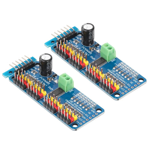 Two 16 Channel PCA9685 PWM Servo Driver Boards I2C Module for Arduino and Raspberry Pi, showcasing connectors and components.