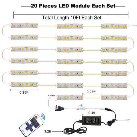 Diagram showing setup of Blue Storefront LED Light Strips 40 Ft 80 Piece 5054 SMD Modules including remote and power adapter.