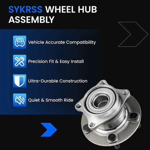 SYKRSS wheel hub assembly, emphasizing vehicle compatibility, precision fit, durability, and smooth ride, with wheel hub image.