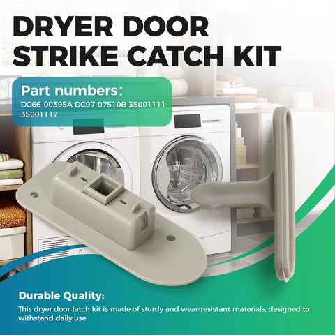 Dryer Door Strike And Catch Kit For Samsung Maytag with DC66-00395A DC97-07510B, shown with washer background