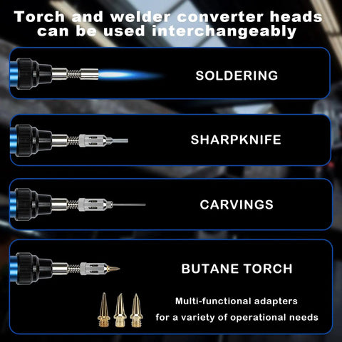 Interchangeable heads for MAP And MAPP Gas Soldering Mini Pen Torch Kit, showing uses for soldering, sharpknife, carvings, butane torch.