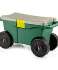 Rolling Garden Cart With Seat And Interior Tool Tray Green Plastic Garden Bench On Wheels For Easier Weeding Planting And Light Transport Includes Built In Storage For Tools And Supplies No More Crawling Or Kneeling, side view