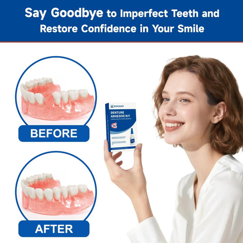 Woman holding Denture Repair Glue Kit 1oz with Instant Bonding Adhesive, showing before and after denture repair results.