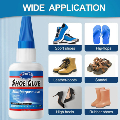 Heavy Duty Shoe Repair Glue For Boots, Sneakers, Heels And Sandals, 30g, Tough As Nails Adhesive For Sole Repairs, bottle and shoe types