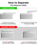 Instructions showing correct and incorrect methods to separate magnets safely, depicted with stacked white magnets.