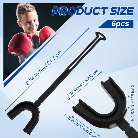 Diagram of Six Piece Strapped Mouth Guards With Strap No Boil Breathable Mouthpiece For Football Boxing Lacrosse Basketball Hockey Wrestling Youth And Adults Black showing dimensions.