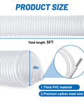Heavy Duty 4 by 5 Inch Flexible Clear PVC Dust Collection Hose With Stainless Steel Clamps, showing clear design and dimensions.